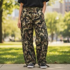 IT'S Camo Cargo Pants 14W Wide Leg Tie Ankle Pockets Green Black Brown